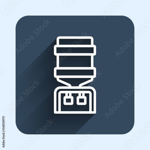 White line Water cooler for office and home icon isolated with long shadow background. Water dispenser. Bottle office, plastic and liquid. Blue square button. Vector