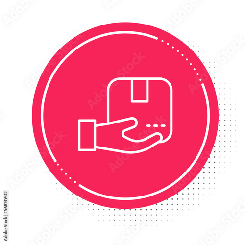 Free Download White line Delivery hand with cardboard boxes icon isolated on white background. Door to door delivery by courier. Red circle button. Vector - GFXLoad