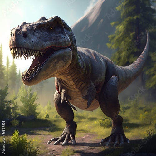 Beautiful huge cartoon dinosaur. Jurassic period  antediluvian animal  theranosaurus rex  predator in the jungle in search of prey. AI