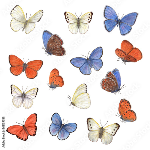 Set of watercolor different blue, orange, white butterflies isolated on white background. Perfect for wallpaper, print, textile, nursery, scrapbooking, wedding invitation, banner design, postcards