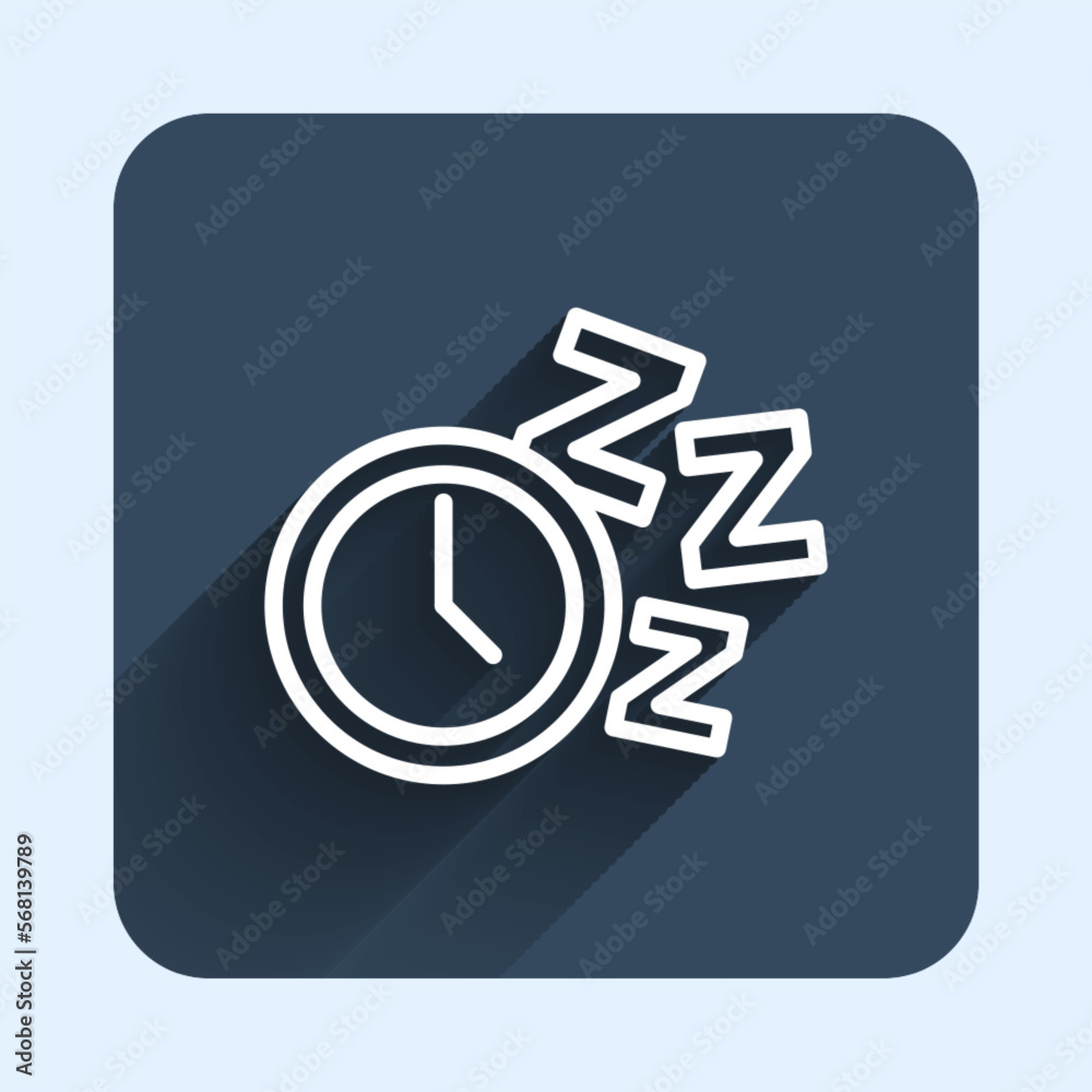 White line Alarm clock icon isolated with long shadow background. Wake up, get up concept. Time sign. Blue square button. Vector White line Alarm clock icon isolated with long shadow background. Wake up, get up concept. Time sign. Blue square button. Vector