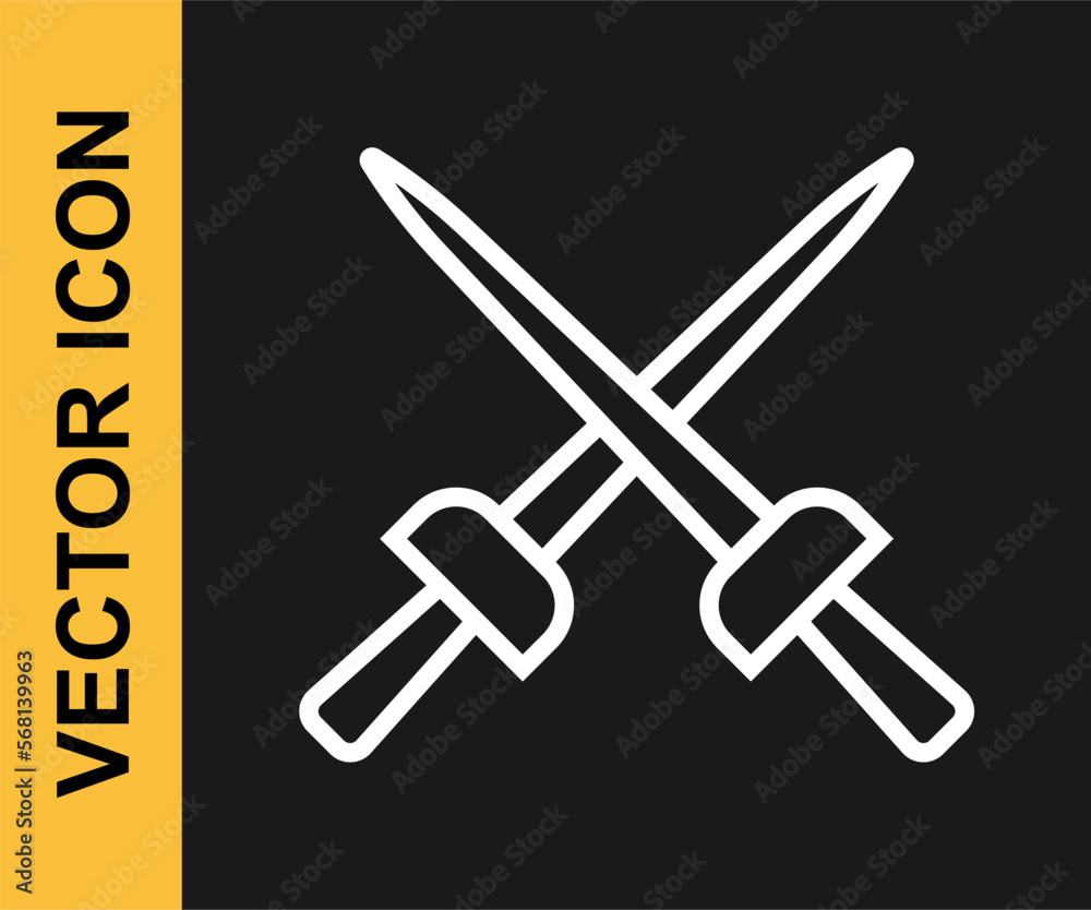 White line Fencing icon isolated on black background. Sport equipment. Vector White line Fencing icon isolated on black background. Sport equipment. Vector