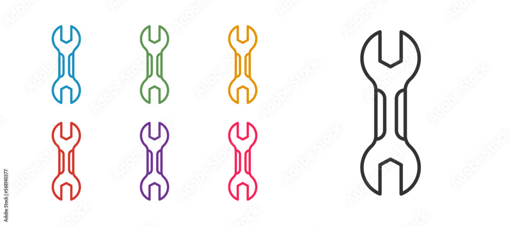 Set line Wrench spanner icon isolated on white background. Spanner repair tool. Service tool symbol. Set icons colorful. Vector