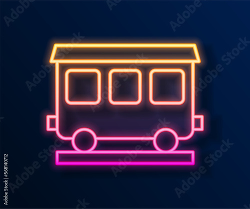Glowing neon line Passenger train cars icon isolated on black background. Railway carriage. Vector