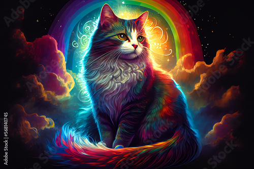 Fototapeta Naklejka Na Ścianę i Meble -  Cat goddess with rainbow background. Generative AI