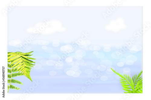 Defocused sea and beach background with ferns at the ends. Spring time. Vector.