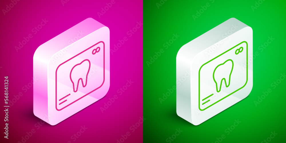 Isometric line X-ray of tooth icon isolated on pink and green background. Dental x-ray. Radiology image. Silver square button. Vector Isometric line X-ray of tooth icon isolated on pink and green background. Dental x-ray. Radiology image. Silver square button. Vector