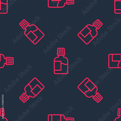 Red line Mouthwash plastic bottle icon isolated seamless pattern on black background. Liquid for rinsing mouth. Oralcare equipment. Vector