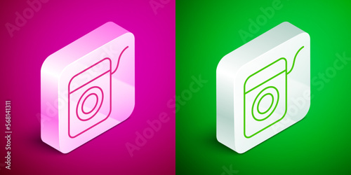 Isometric line Dental floss icon isolated on pink and green background. Silver square button. Vector