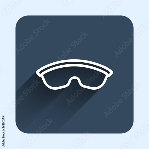 White line Safety goggle glasses icon isolated with long shadow background. Blue square button. Vector