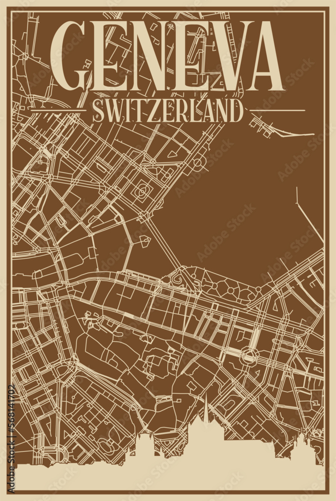Brown hand-drawn framed poster of the downtown GENEVA, SWITZERLAND with highlighted vintage city skyline and lettering