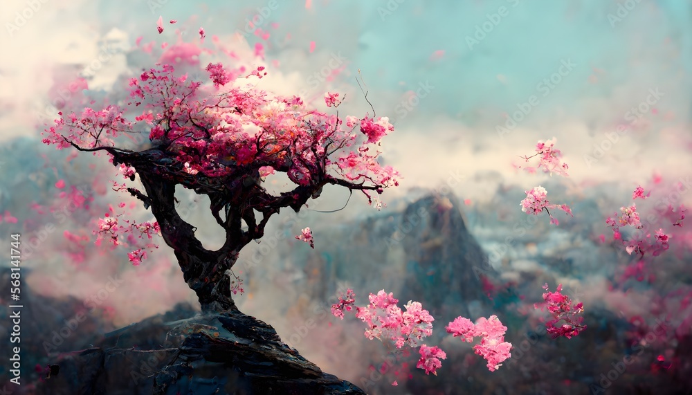 cyberpunk cherry blossom tree on cliff digital wallpaper cherry blossom