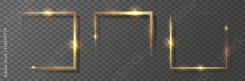 Golden square borders with metallic glitter. Set of decorative frames in the shape of a square. Gold borders. Vector illustration.