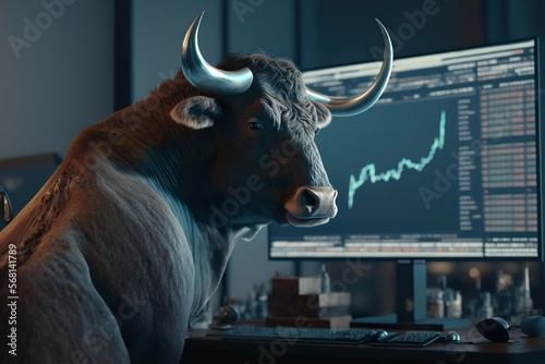 Bull showing his bullish charts. Created with Generative AI photo