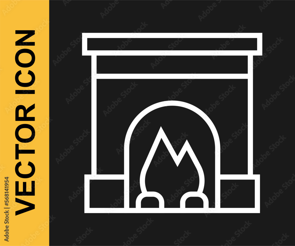 White line Interior fireplace icon isolated on black background. Vector White line Interior fireplace icon isolated on black background. Vector