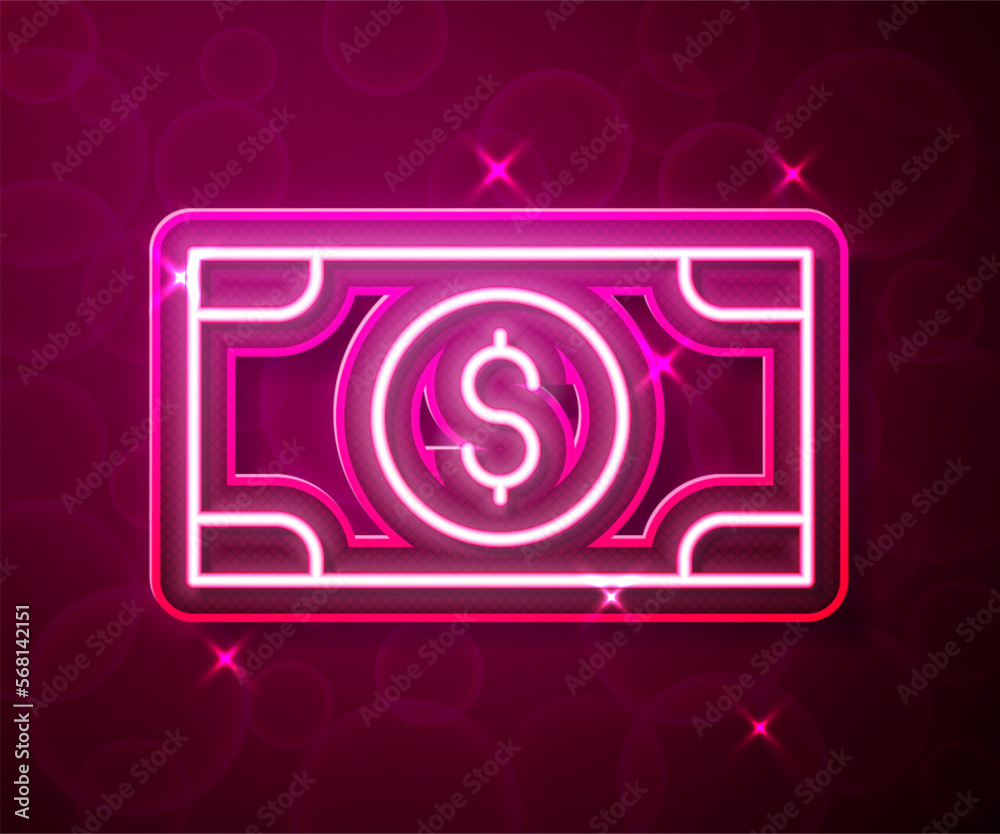 Glowing neon line Stacks paper money cash icon isolated on red background. Money banknotes stacks. Bill currency. Vector