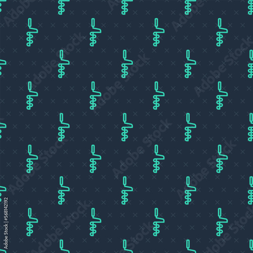 Green line Hand ice drill for winter fishing icon isolated seamless pattern on blue background. Vector