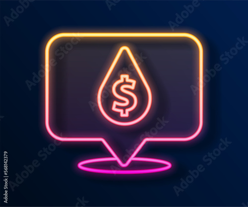 Glowing neon line Oil drop with dollar symbol icon isolated on black background. Oil price. Oil and petroleum industry. Vector