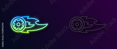Glowing neon line Wheel in fire flame icon isolated on black background. Burning wheel. Vector