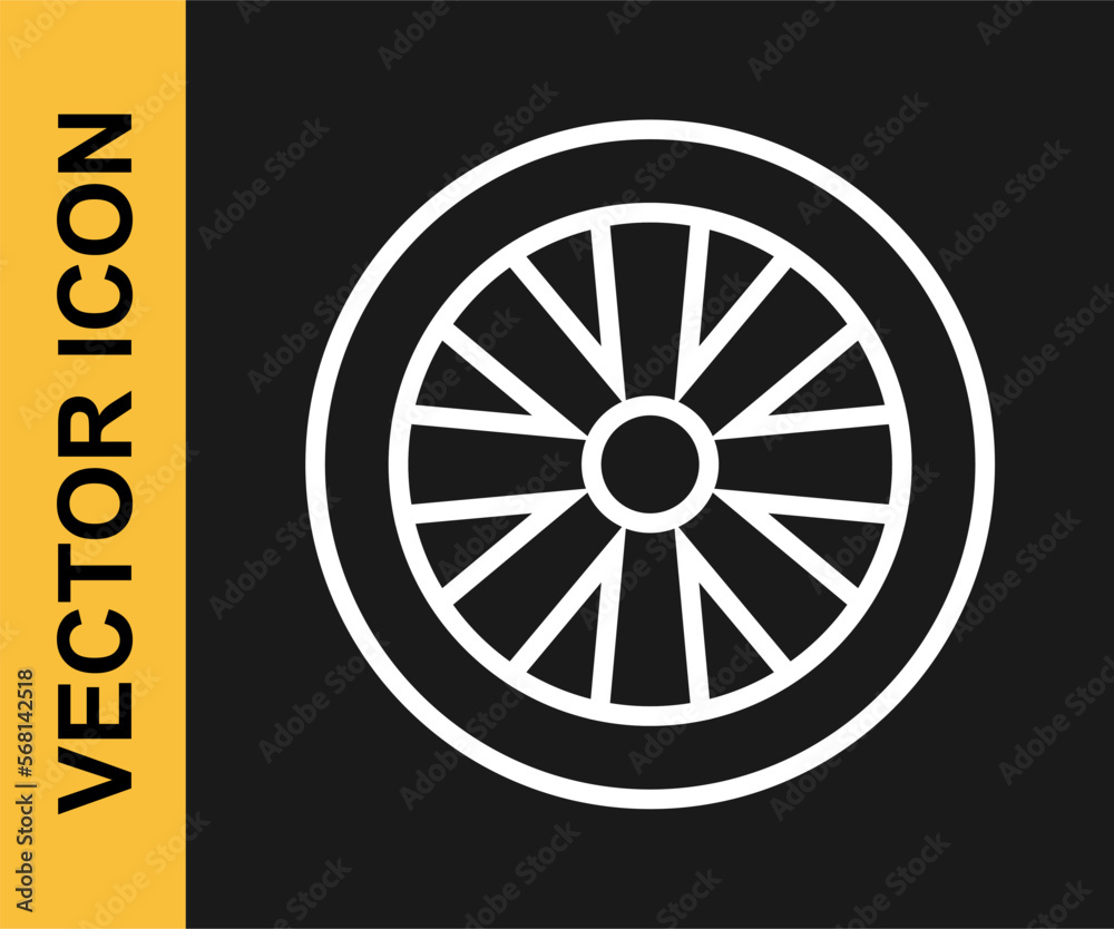 Fototapeta premium White line Alloy wheel for car icon isolated on black background. Vector
