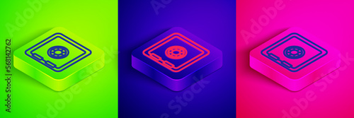 Isometric line Safe icon isolated on green, blue and pink background. The door safe a bank vault with a combination lock. Reliable Data Protection. Square button. Vector