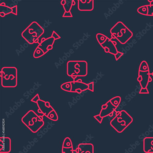 Red line Price tag for fish icon isolated seamless pattern on black background. Vector