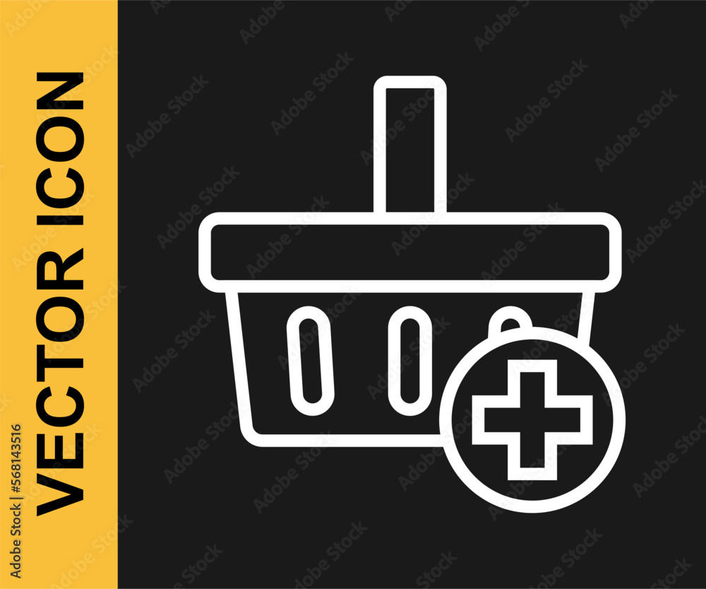 White line Add to Shopping basket icon isolated on black background. Online buying concept. Delivery service. Supermarket basket symbol. Vector White line Add to Shopping basket icon isolated on black background. Online buying concept. Delivery service. Supermarket basket symbol. Vector