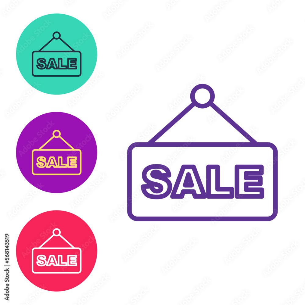 Set line Hanging sign with text Sale icon isolated on white background. Signboard with text Sale. Set icons colorful. Vector Set line Hanging sign with text Sale icon isolated on white background. Signboard with text Sale. Set icons colorful. Vector