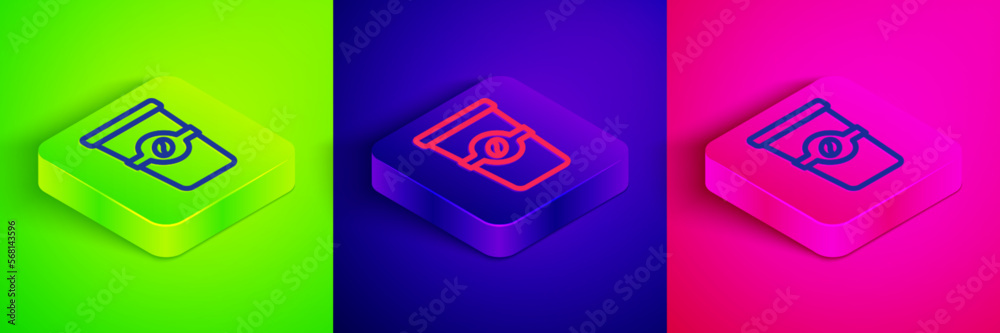 Isometric line Coffee cup to go icon isolated on green, blue and pink background. Square button. Vector Isometric line Coffee cup to go icon isolated on green, blue and pink background. Square button. Vector