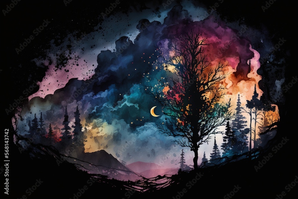 Watercolor abstract trees and mountains with moon in night sky.