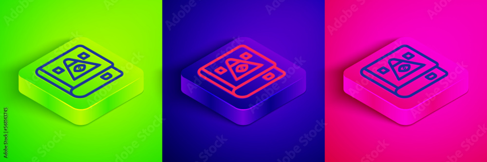 Isometric line Ancient magic book with alchemy recipes and mystic spells and enchantments icon isolated on green, blue and pink background. Square button. Vector