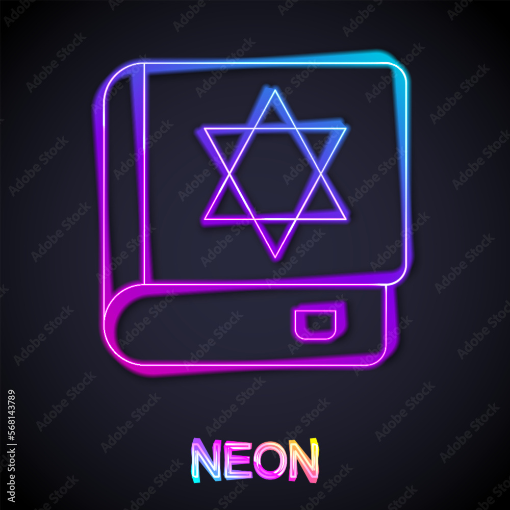 Glowing neon line Jewish torah book icon isolated on black background. On the cover of the Bible is the image of the Star of David. Vector Glowing neon line Jewish torah book icon isolated on black background. On the cover of the Bible is the image of the Star of David. Vector