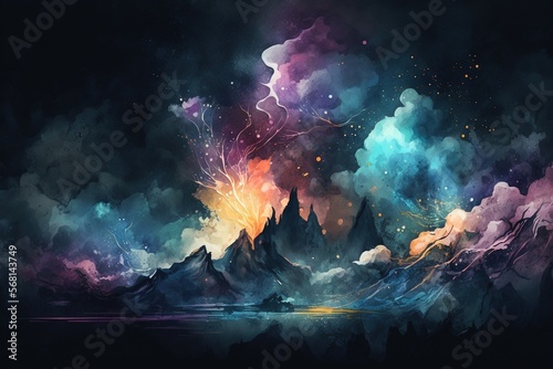 Dark mountains in colorful space with clouds. Abstract illustration. © Agnes