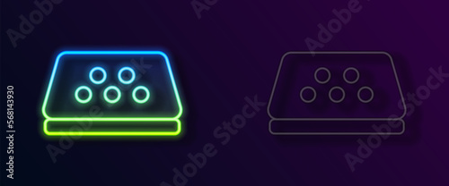 Glowing neon line Taxi car roof icon isolated on black background. Vector