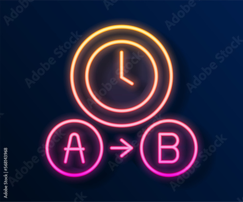 Glowing neon line Taxi waiting time icon isolated on black background. Car deadline, schedule ride. Vector