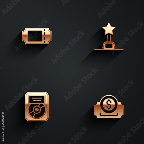 Set Cinema ticket, Movie trophy, CD disk award frame and icon with long shadow. Vector