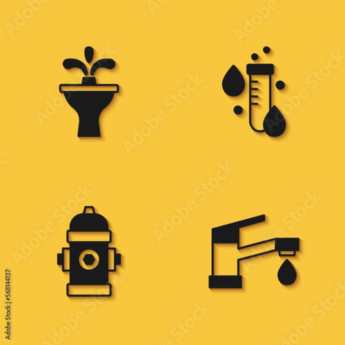 Set Fountain, Water tap, Fire hydrant and Test tube with water drop icon with long shadow. Vector