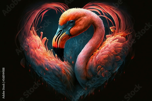 Pink flamingo bird in lovely hearth form on black background, Valentines Day, Generative AI