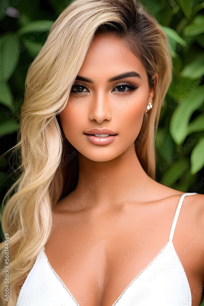 New Faces Beautiful Female Portrait Pictures Brown Eyes Long Blond Hair White Dress, created with Generative AI technology