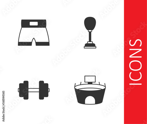 Set Stadium, Boxing short, Dumbbell and Punching bag icon. Vector