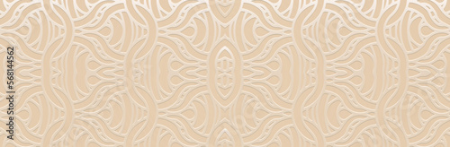 Banner, ethnic artistic cover design. A relief geometric 3D pattern on a beige background. Dudling and Zentangle technique, anti -stress. Tribal boho textures of the East, Asia, India, Mexico, Aztecs,