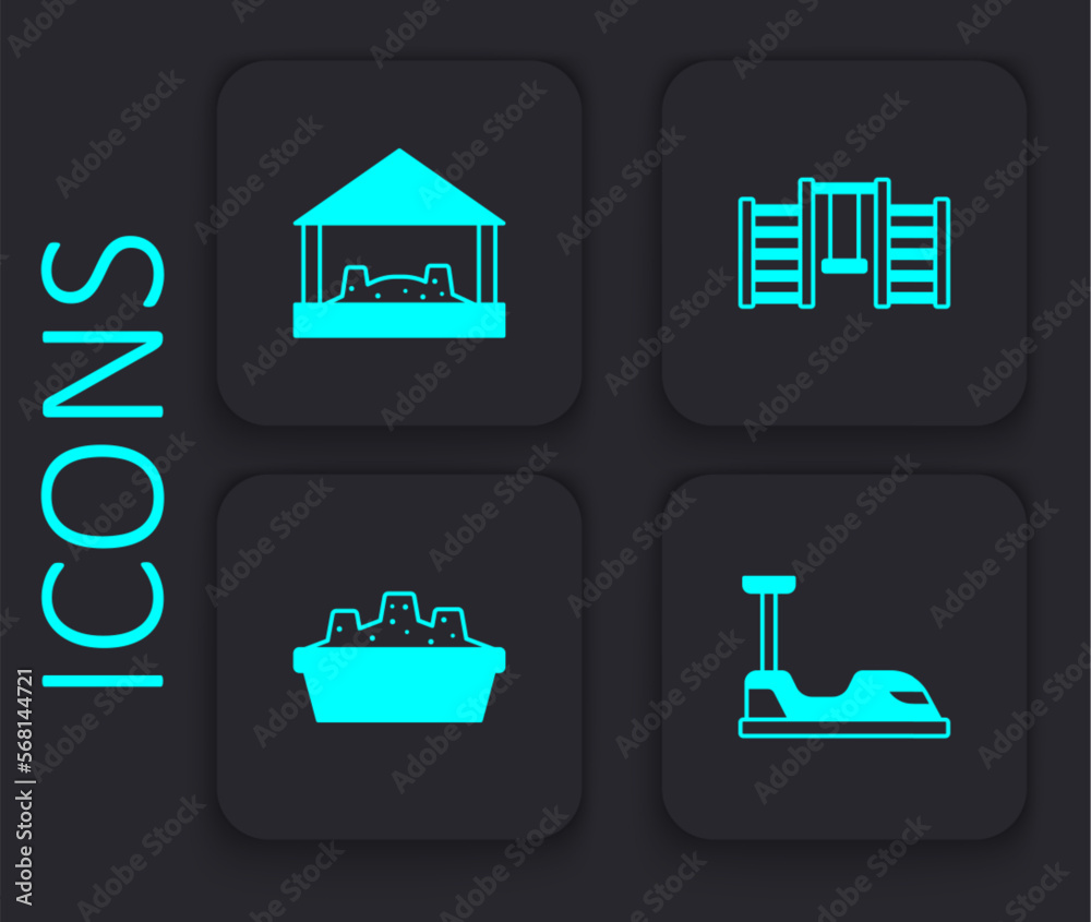 Set Bumper car, Sandbox with sand, Swedish wall and icon. Black square button. Vector Set Bumper car, Sandbox with sand, Swedish wall and icon. Black square button. Vector