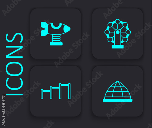 Set Playground climbing equipment, Swing plane, Ferris wheel and Sport horizontal bar icon. Black square button. Vector