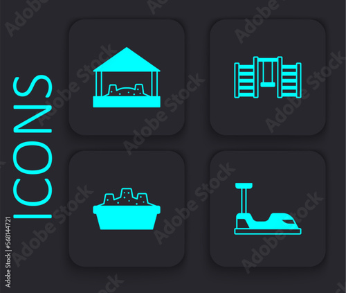 Set Bumper car, Sandbox with sand, Swedish wall and icon. Black square button. Vector
