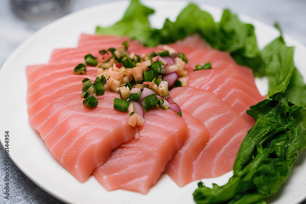Slices of raw bluefin tuna sashimi on a white plate