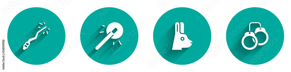 Set Magic wand, Rabbit with ears and Handcuffs icon with long shadow. Vector Set Magic wand, Rabbit with ears and Handcuffs icon with long shadow. Vector