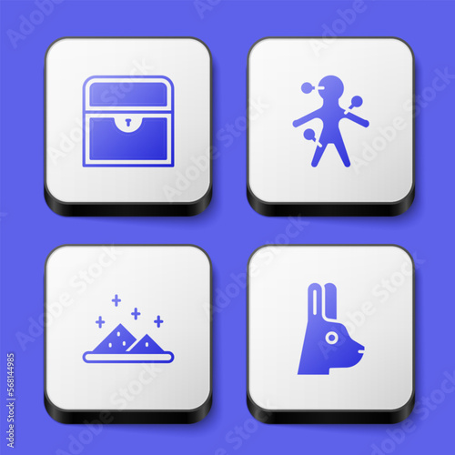 Set Antique treasure chest  Voodoo doll  Magic powder and Rabbit with ears icon. White square button. Vector