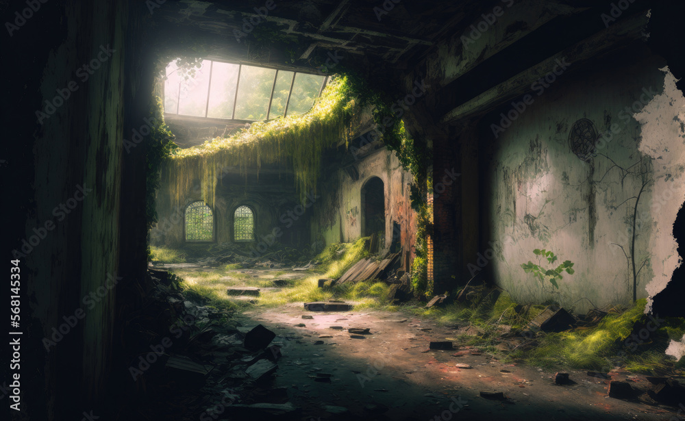 Interior of a collapsed building overgrown with greenery, Generative AI