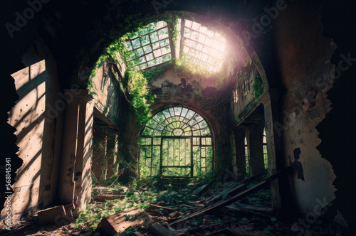 Fotótapéta Interior of a collapsed building overgrown with greenery, Generative AI