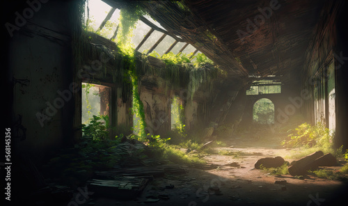 Fotografering Interior of a collapsed building overgrown with greenery, Generative AI